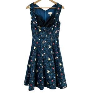 Lindy Bob Ophelia Blue Bird‎ Print Fit & Flare Dress Retro 50s Pinup, Size XS